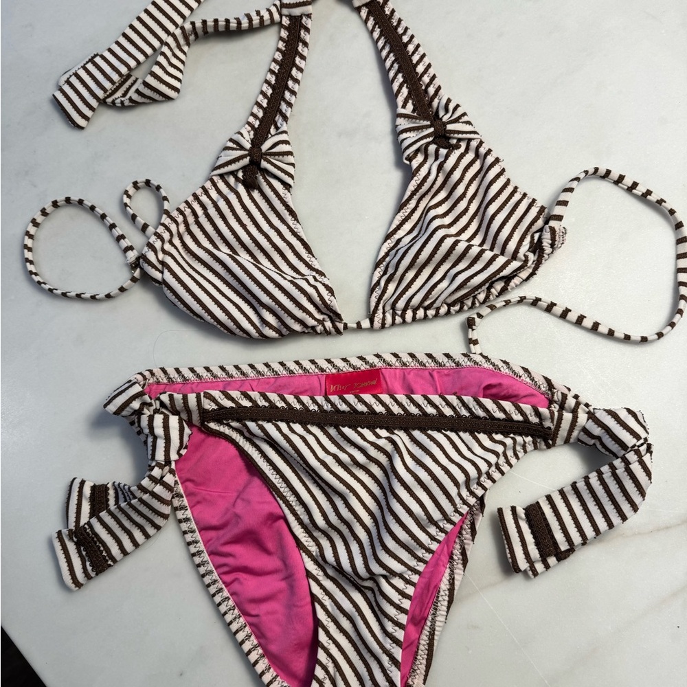 Betsey Johnson Brown and White Striped Bikini